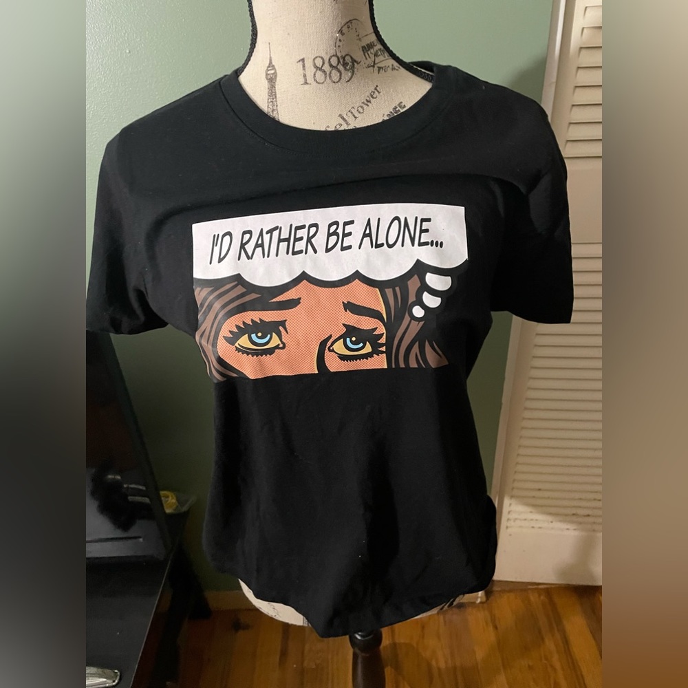 Forever 21 Black Graphic Tee "I'd Rather Be Alone" pop art size L like new